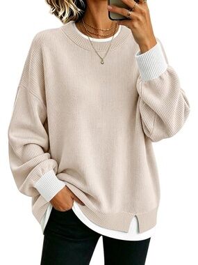 🆕 Womens Beige Solid Knit Sweater Crewneck Long Sleeve Slouchy Jumper Top
